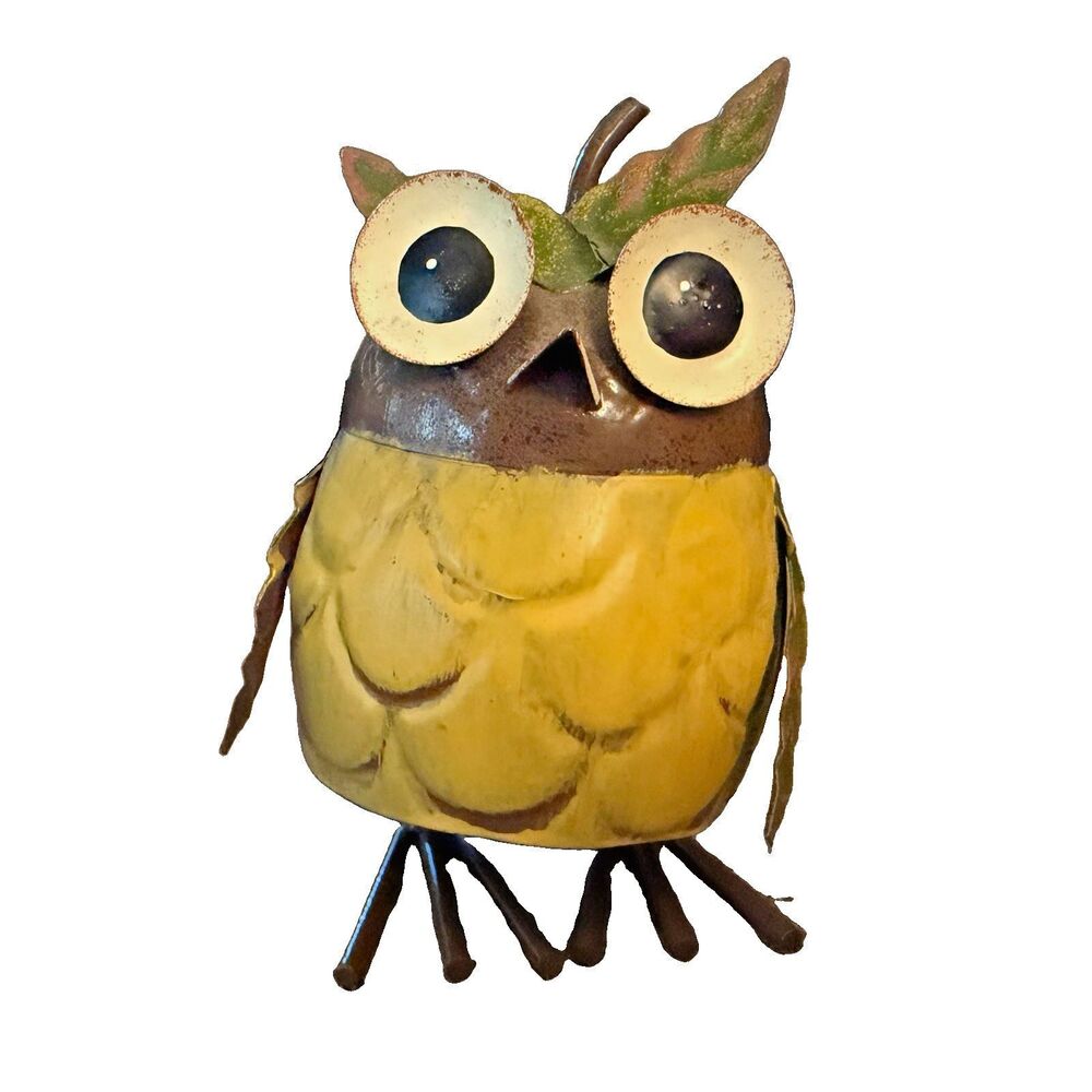 Vintage Metal Art Bobble Head Owl Figure Big Eyes Whimsical 4.5" Tall